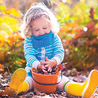 A little girl playing with a bucket of leaves in Autumn