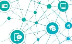 Camera, mobile and computer icons linked togther in a network.