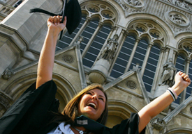 Graduating student outside Arkwright building